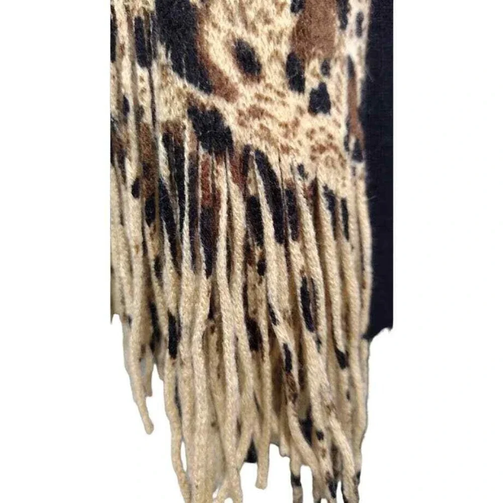 Rikka‎ Heavy Animal Print Knitted Scarf with Fringe, Beige, Brown & Black
